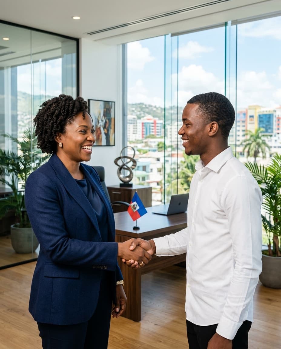 Une dirigeante haïtienne serre la main d'un jeune candidat qu'elle vient de recruter, dans un bureau moderne de Port-au-Prince