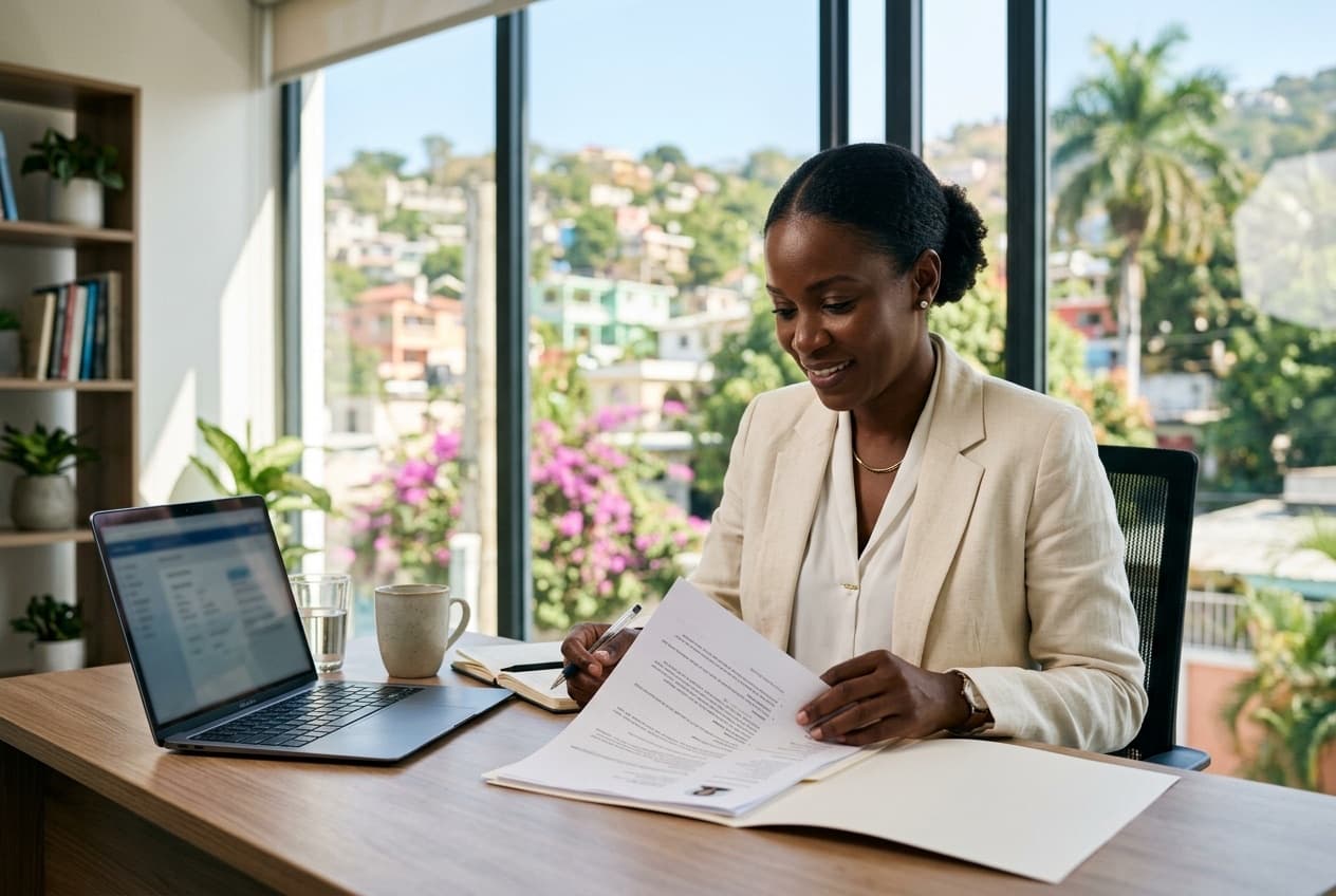 Directrice des ressources humaines haïtienne examinant des candidatures dans son bureau de Pétion-Ville