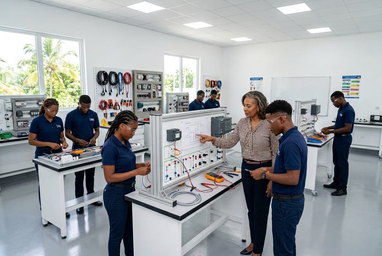 Atelier de formation professionnelle en Haïti : de jeunes apprenants pratiquent le câblage électrique sous la conduite d'une formatrice