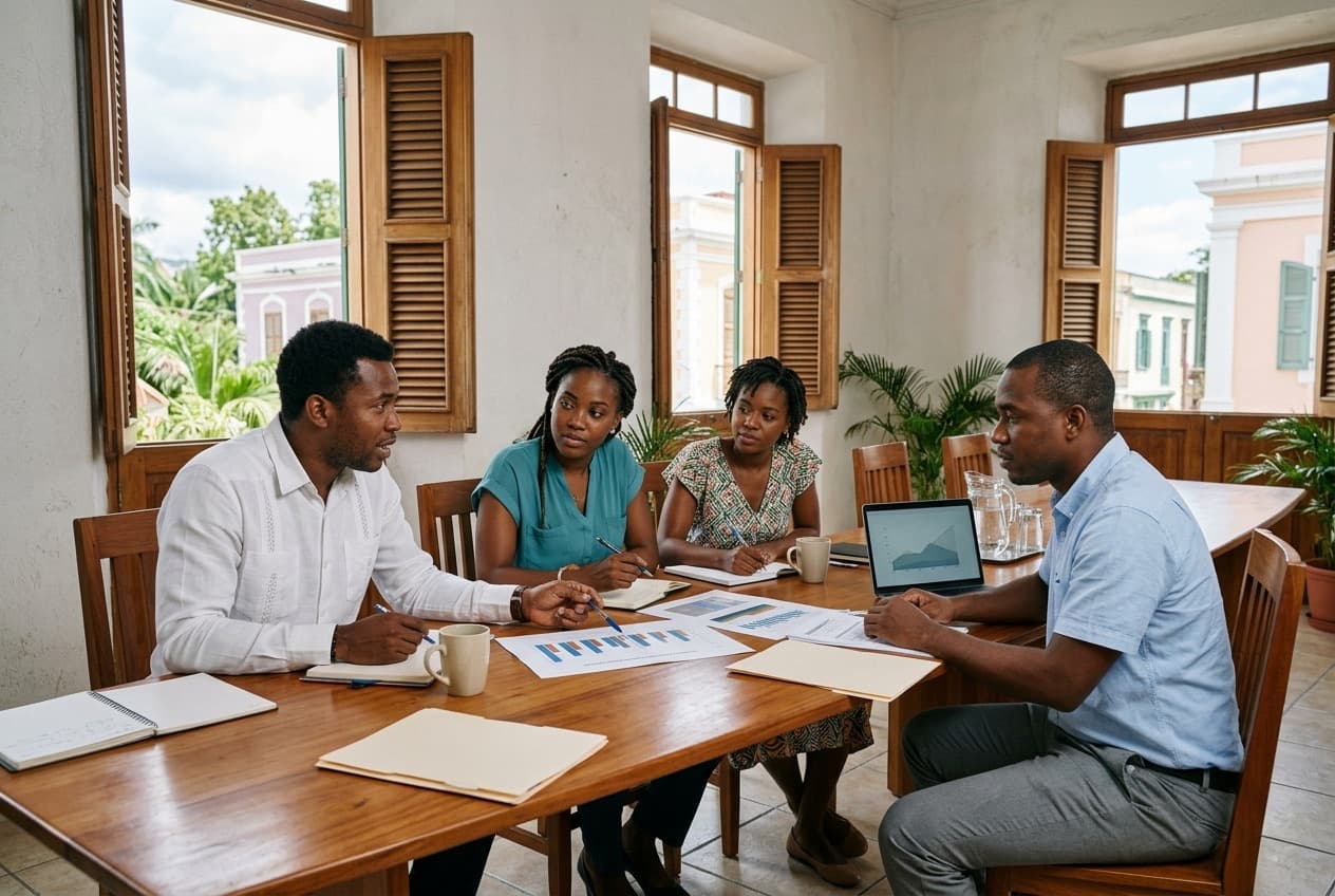 Professionnels haïtiens en réunion de travail dans un bâtiment historique de Port-au-Prince